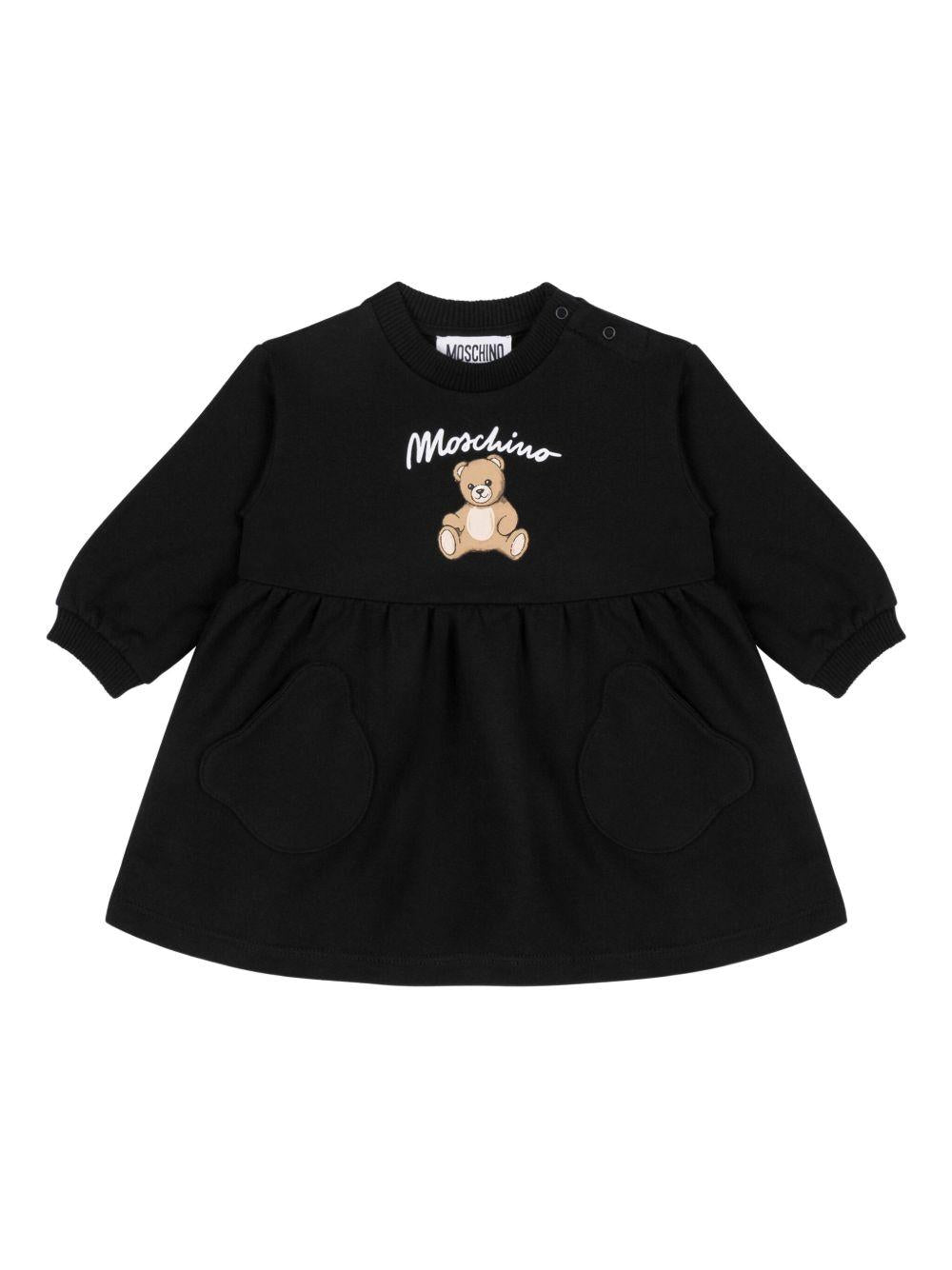 Abito nero con dettaglio orso, vita arricciata e maniche lunghe MDV0CULCA40 60100 MOSCHINO KIDS