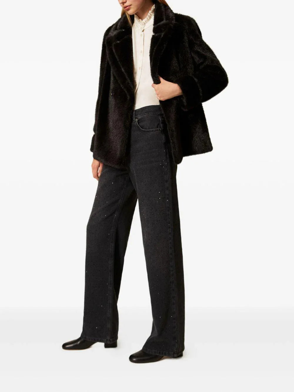 Jeans neri con cinque tasche e strass decorativi - Preludio Moda