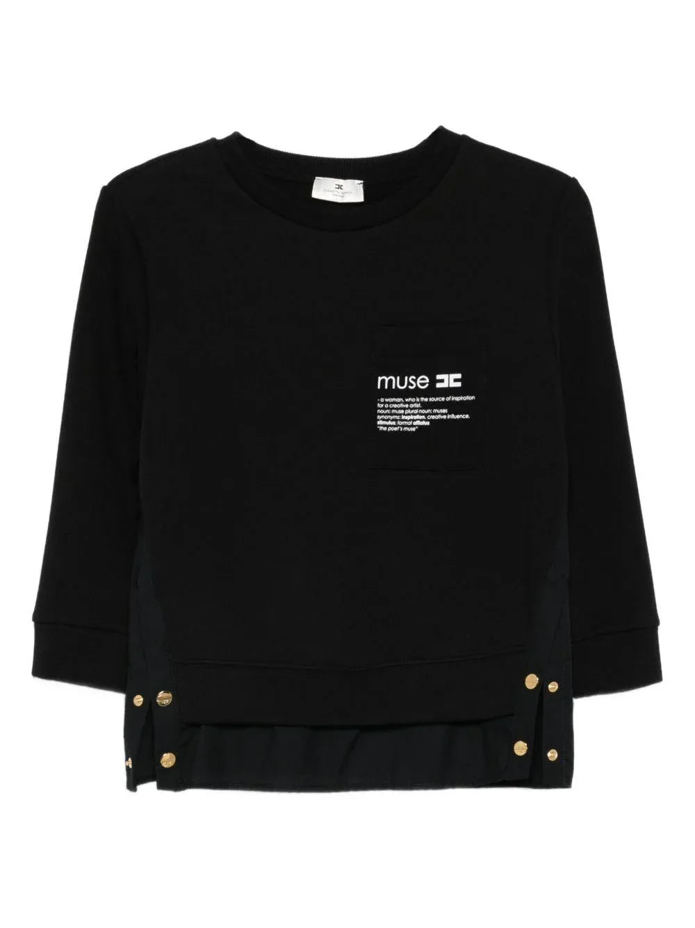 T-shirt Nera con Stampa Grafica e Bottoni Oro - Preludio Moda