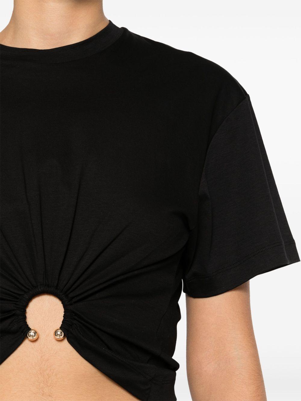 T-shirt nera arricciata con anello