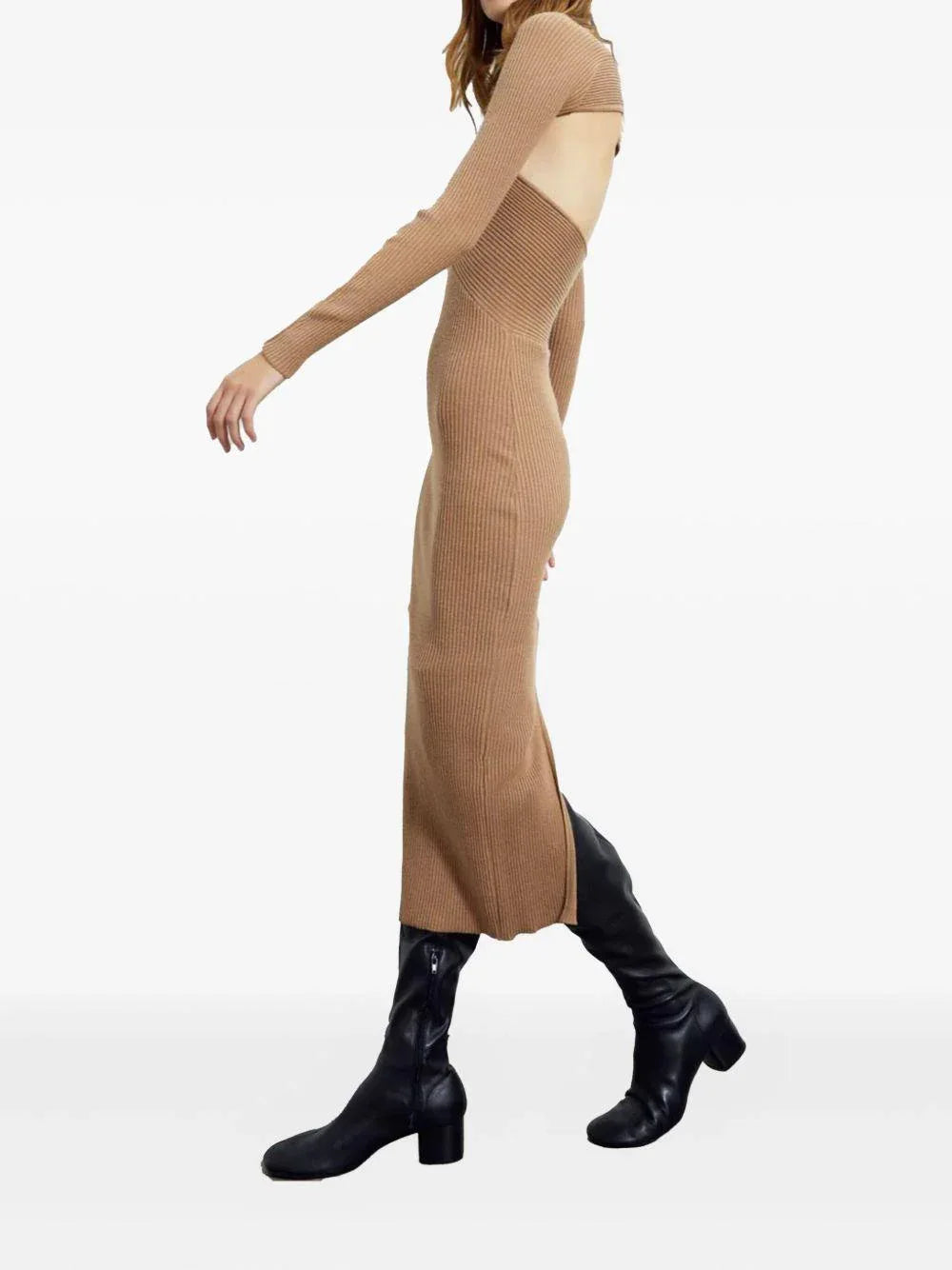 Abito midi a coste cut-out cammello - Preludio Moda