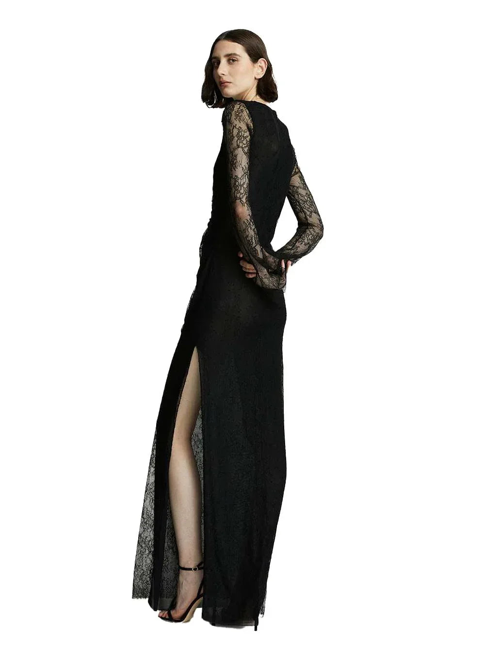Abito nero lungo con maniche semitrasparenti ricamate - Preludio Moda