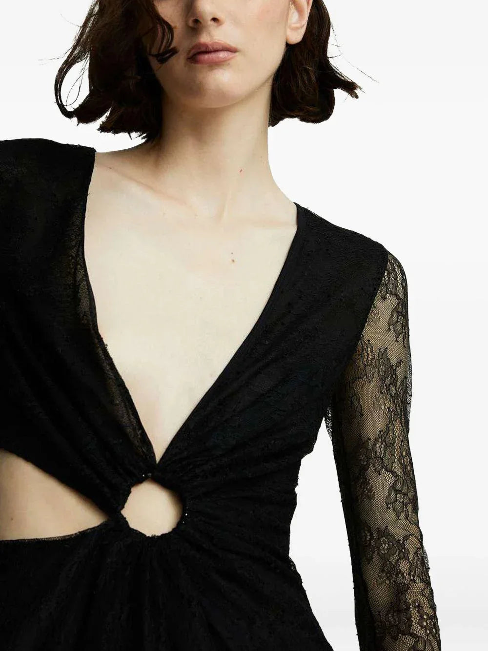 Abito nero lungo con maniche semitrasparenti ricamate - Preludio Moda