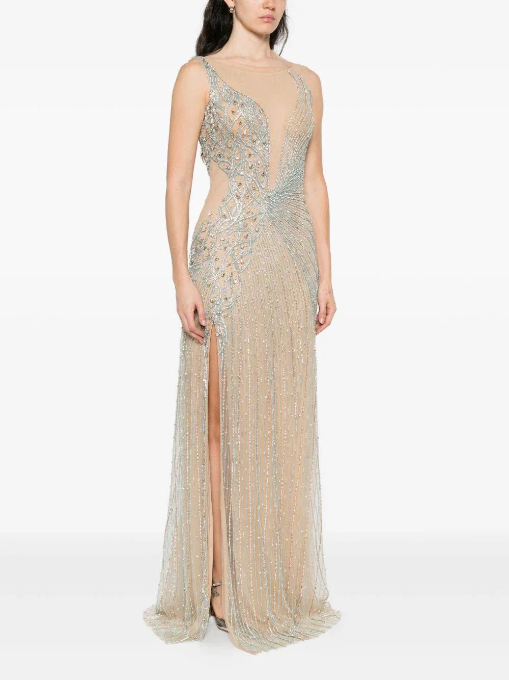 Abito Lungo Beige Girocollo con Perline e Spacco Laterale - Preludio Moda