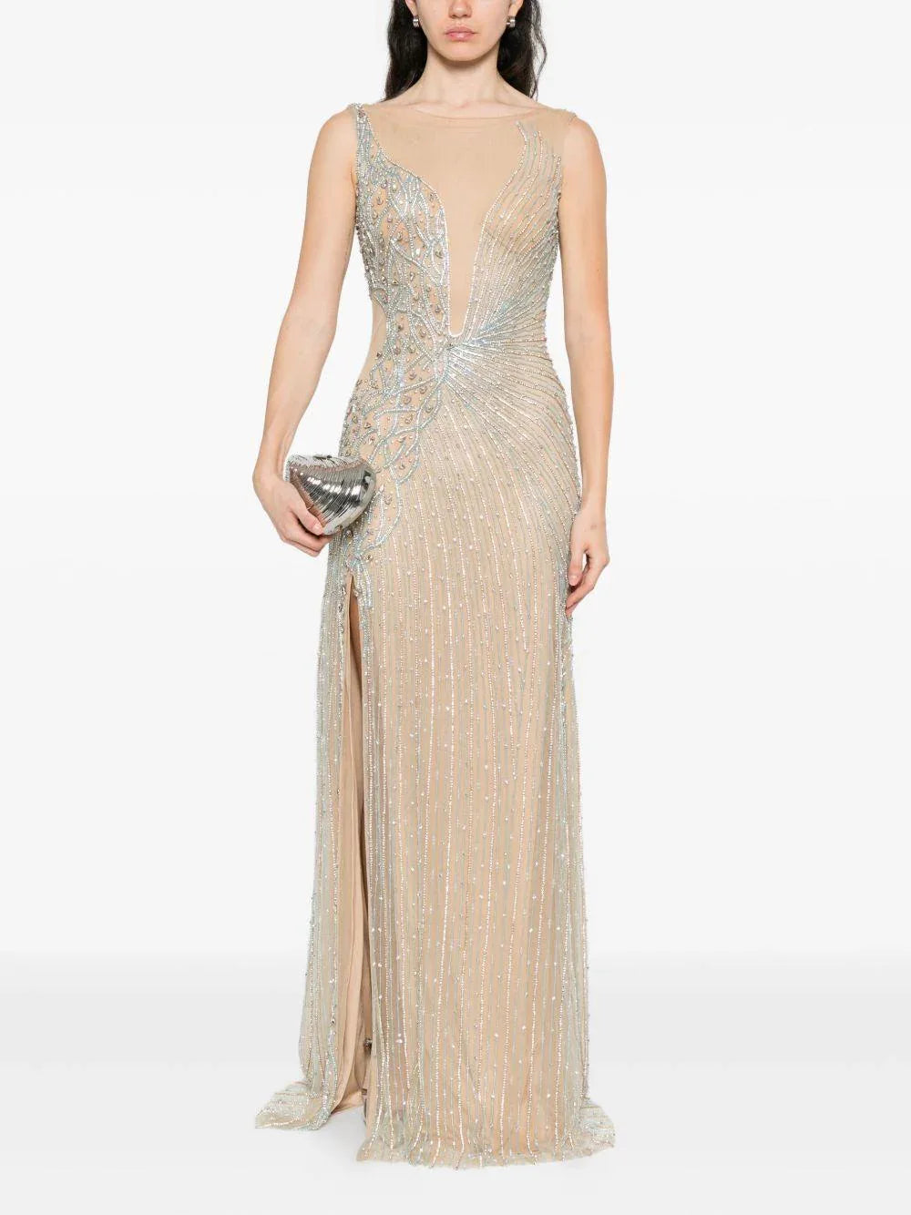 Abito Lungo Beige Girocollo con Perline e Spacco Laterale - Preludio Moda