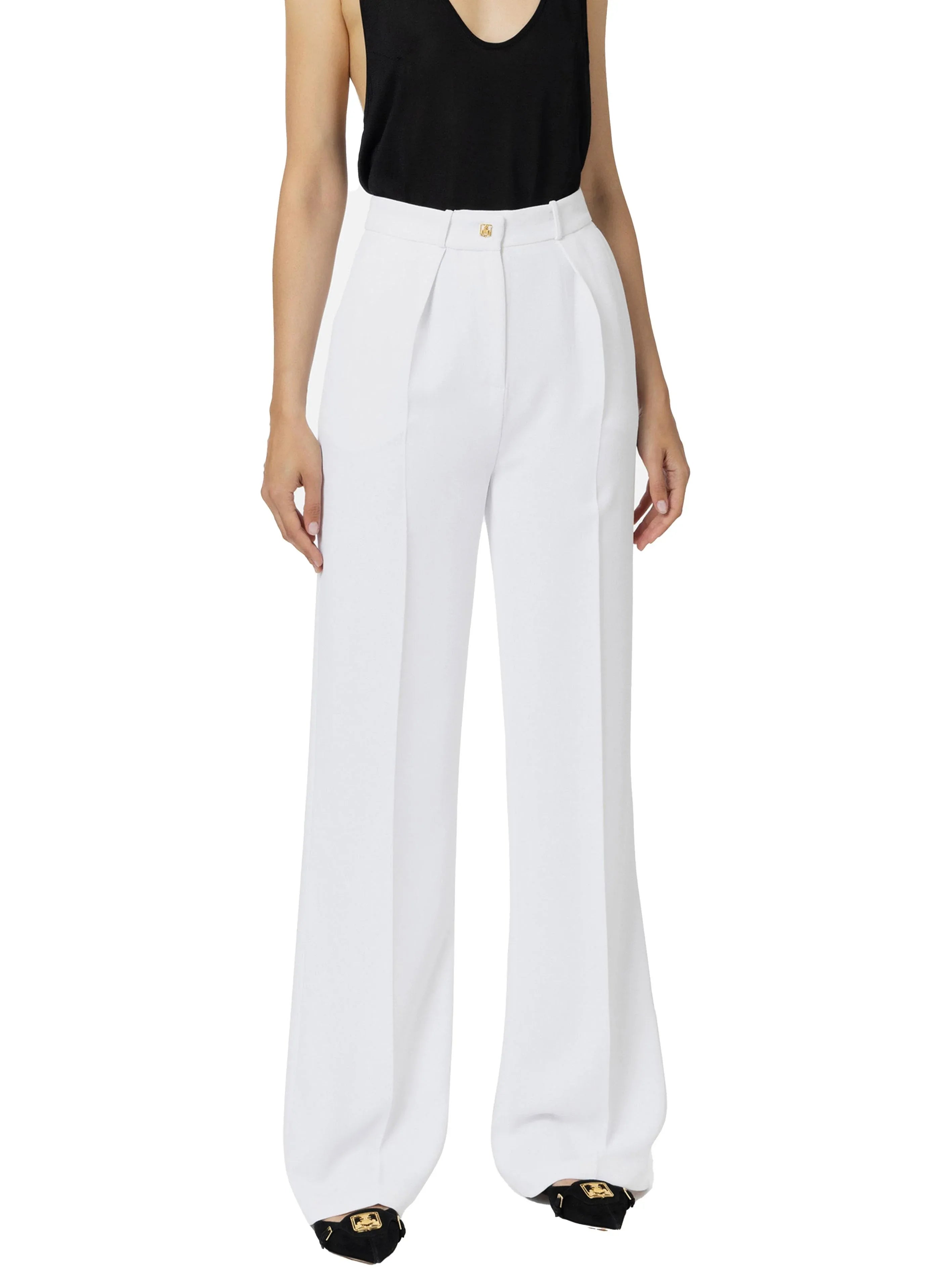 Pantalone dritto in crêpe fermo con bottone logato avorio - Preludio Moda