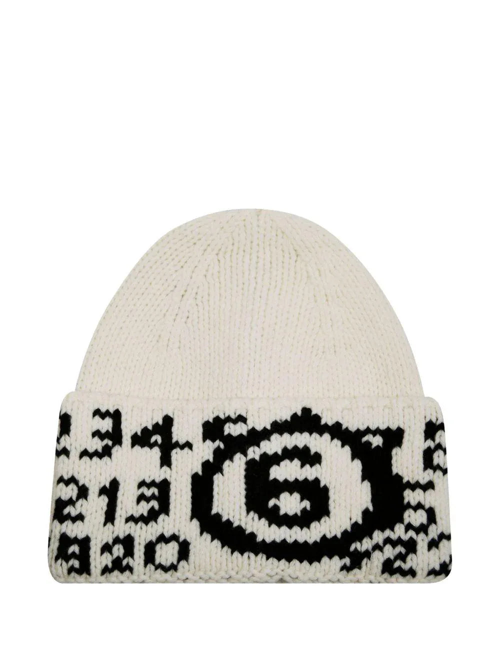 Berretto bianco pull-on con grafica numerica e lavorazione a coste - Preludio Moda