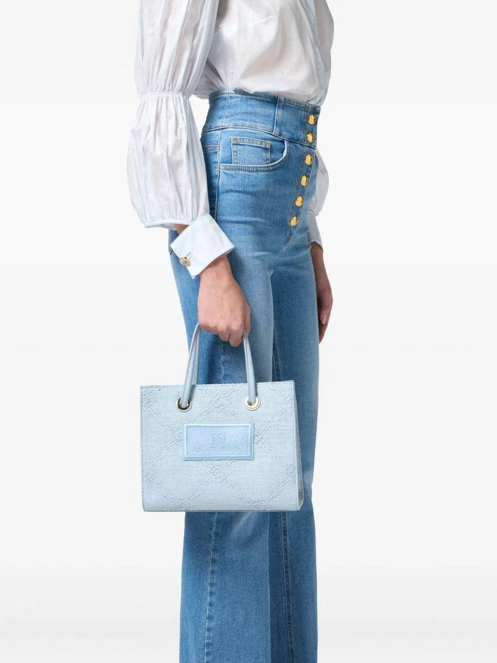 Tote piccola in rafia jacquard celeste - Preludio Moda