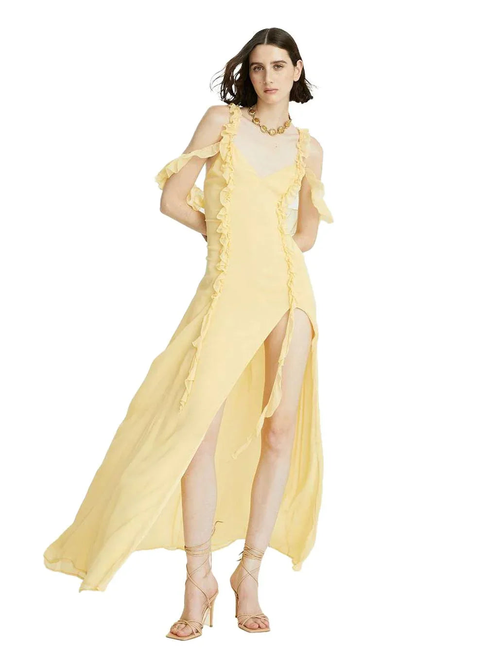 Abito giallo in crepe lungo con dettagli in rushes - Preludio Moda