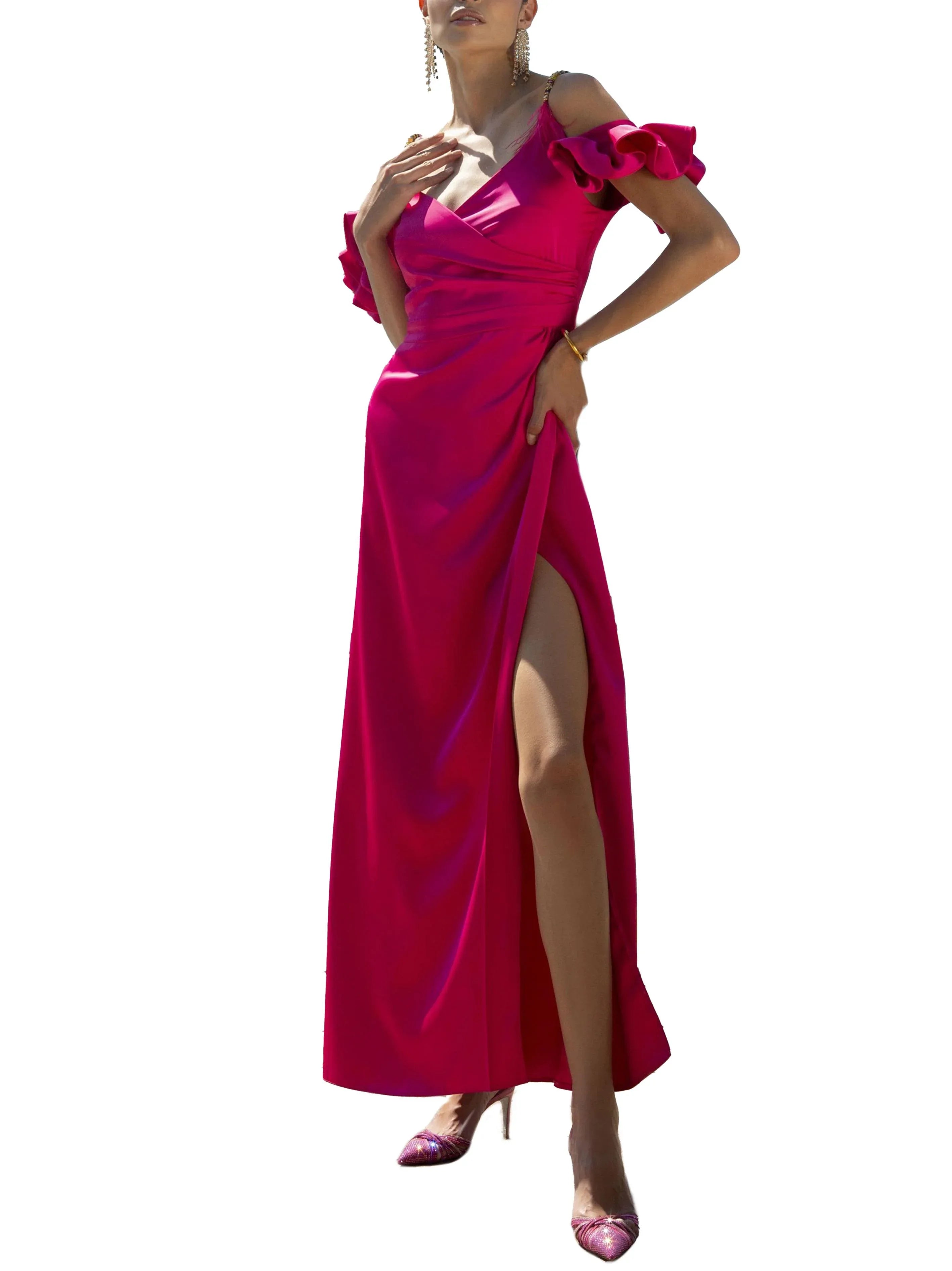 Abito magenta bretelle gioiello raso - Preludio Moda