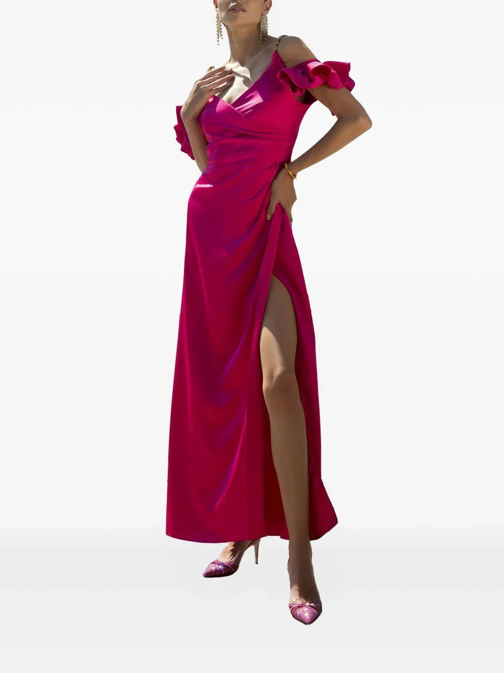 Abito magenta bretelle gioiello raso - Preludio Moda