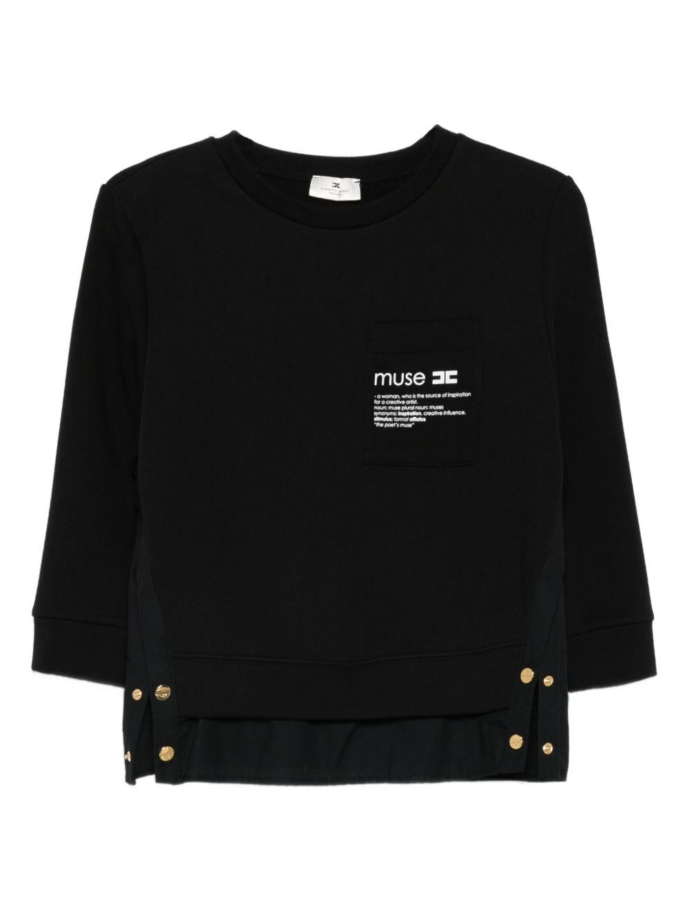T-shirt Nera con Stampa Grafica e Bottoni Oro MD00656E2 110 ELISABETTA FRANCHI