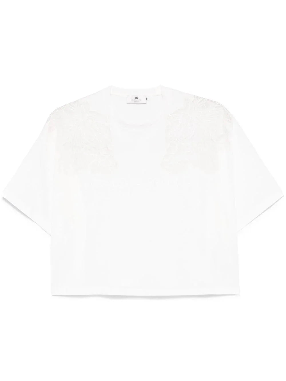 T-shirt bianca con ricami semitrasparenti e logo - Preludio Moda