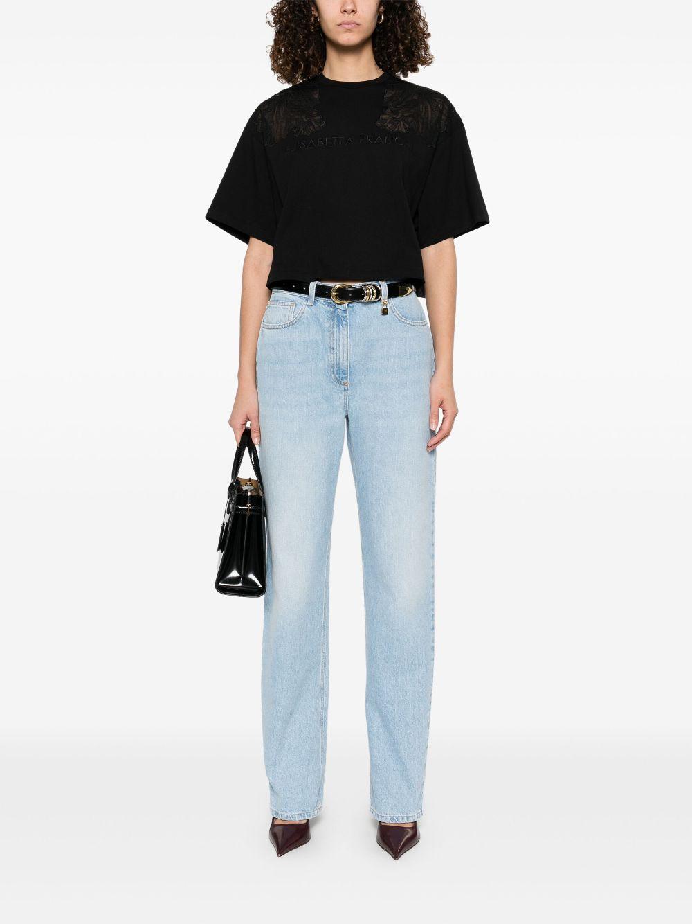 T-shirt nera con ricami semitrasparenti e logo MA01851E2 110 ELISABETTA FRANCHI