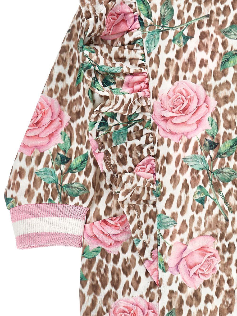 Abito Beige a Fiori con Ruches e Stampa Leopardata - Preludio Moda