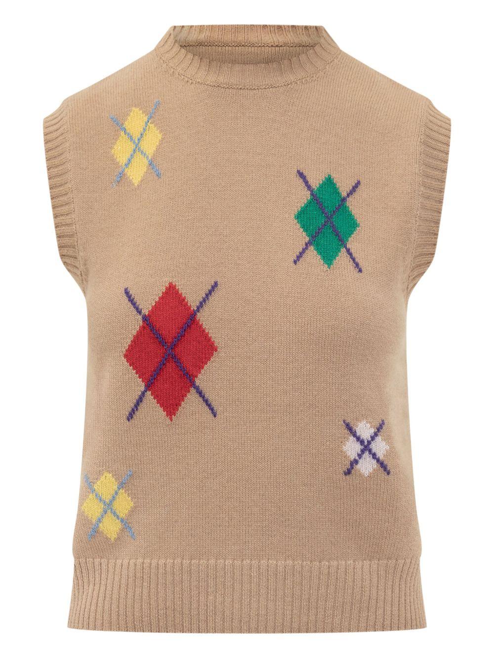 Top smanicato cammello in lana merino con motivo a rombi 3941MDT191257781 24 MSGM