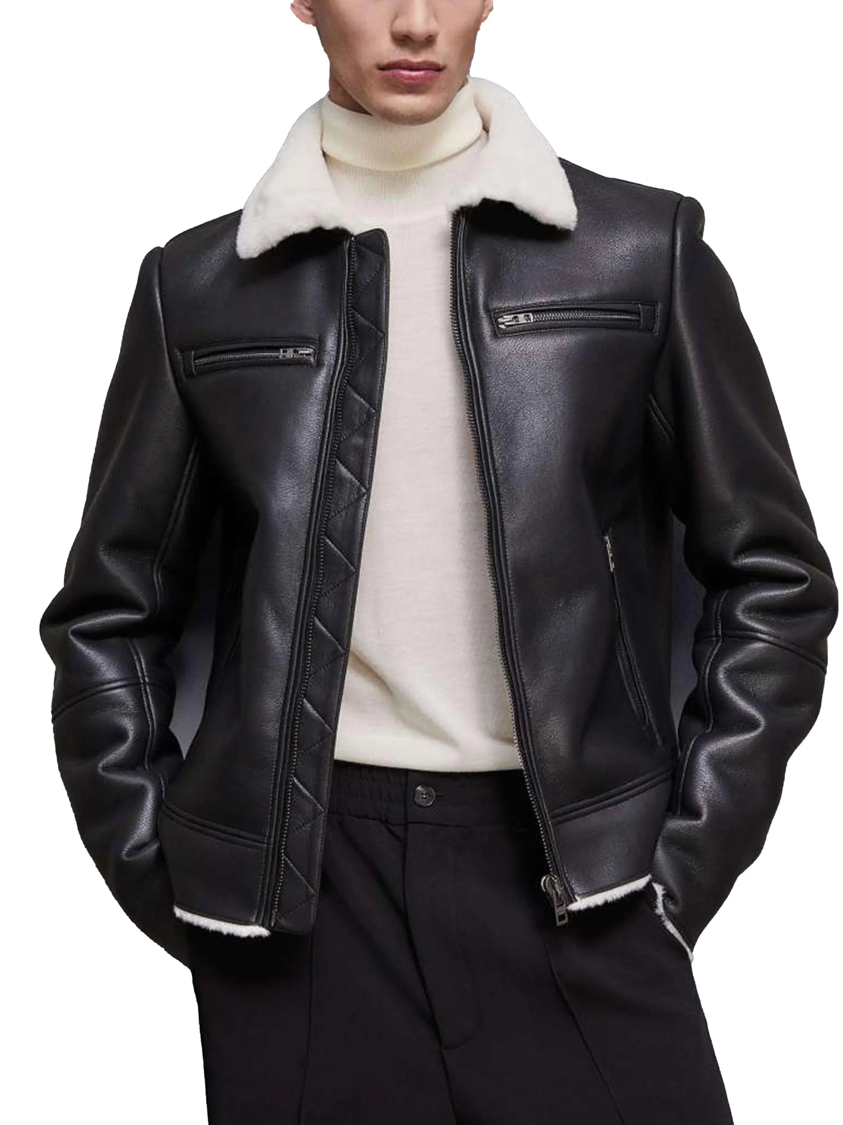 Giacca in pelle e shearling nera - Preludio Moda