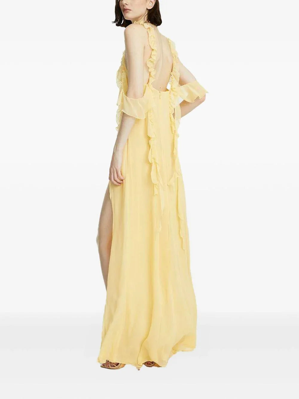 Abito giallo in crepe lungo con dettagli in rushes - Preludio Moda