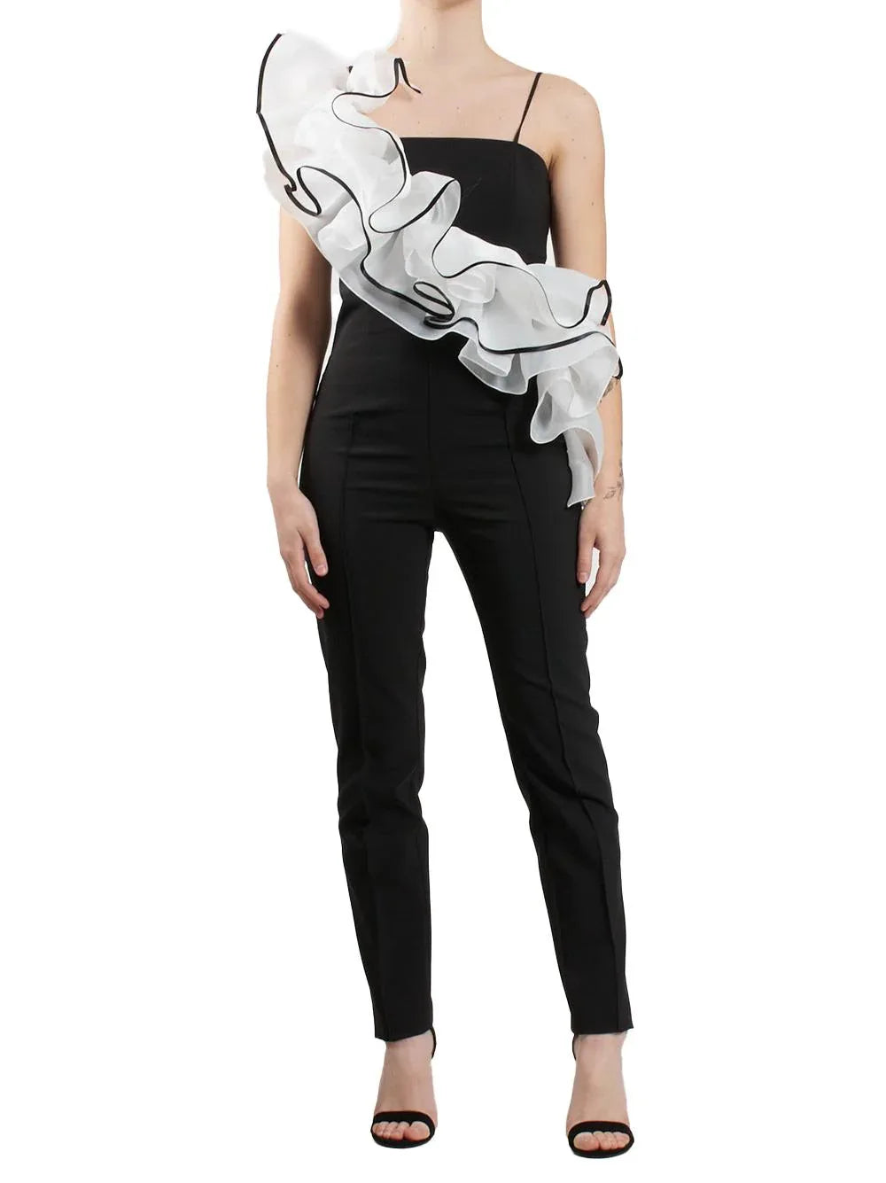 Tuta intera nera con voilant frontale asimmetrico - Preludio Moda