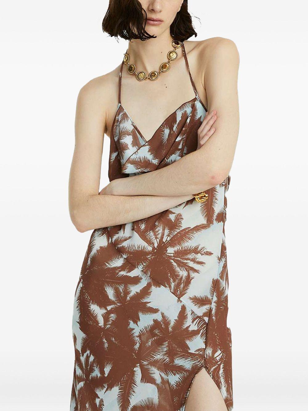 Abito con fantasia palme all-over marrone e celeste