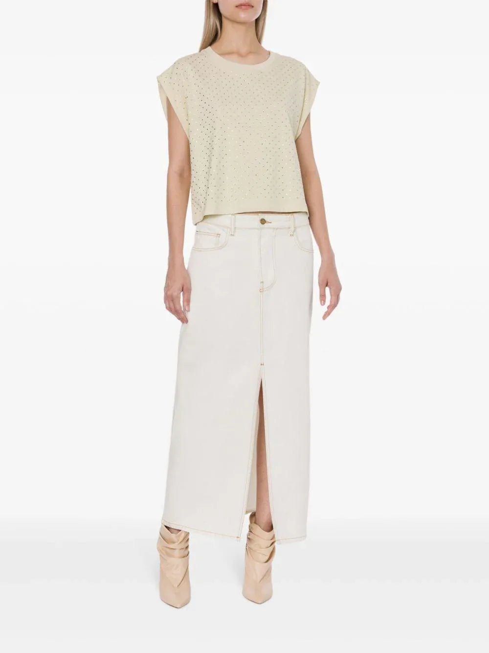 T-shirt crop avorio con strass - Preludio Moda