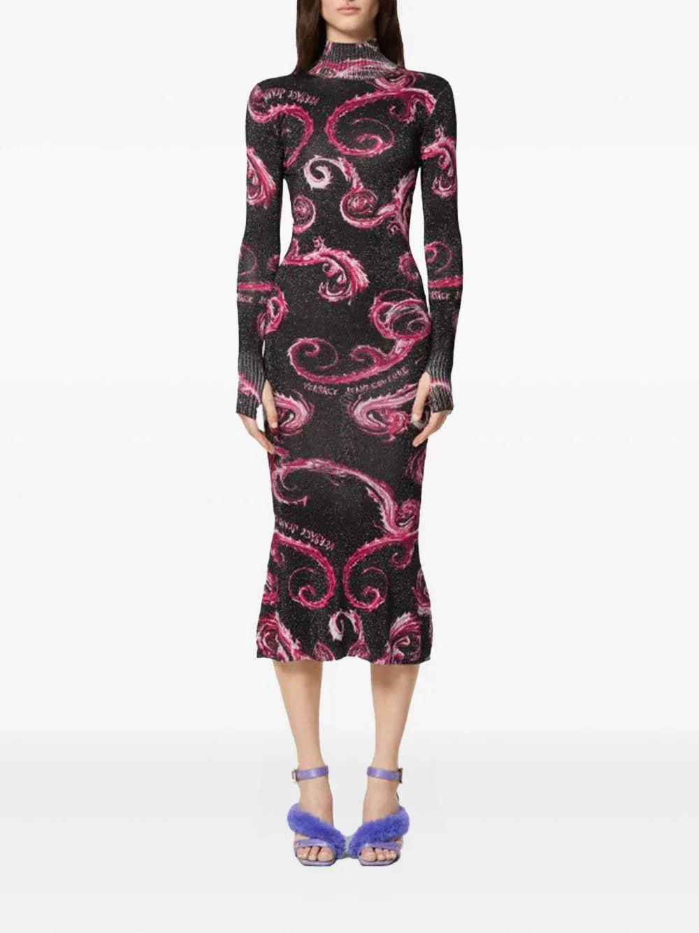 Abito midi in lurex fantasia baroque nero/fucsia - Preludio Moda