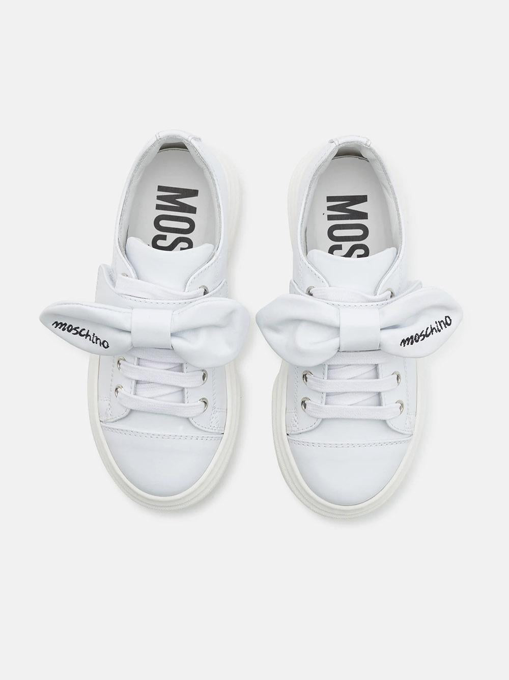 Sneakers in pelle di vitello bianca con fiocco logo 80462 02 MOSCHINO KIDS