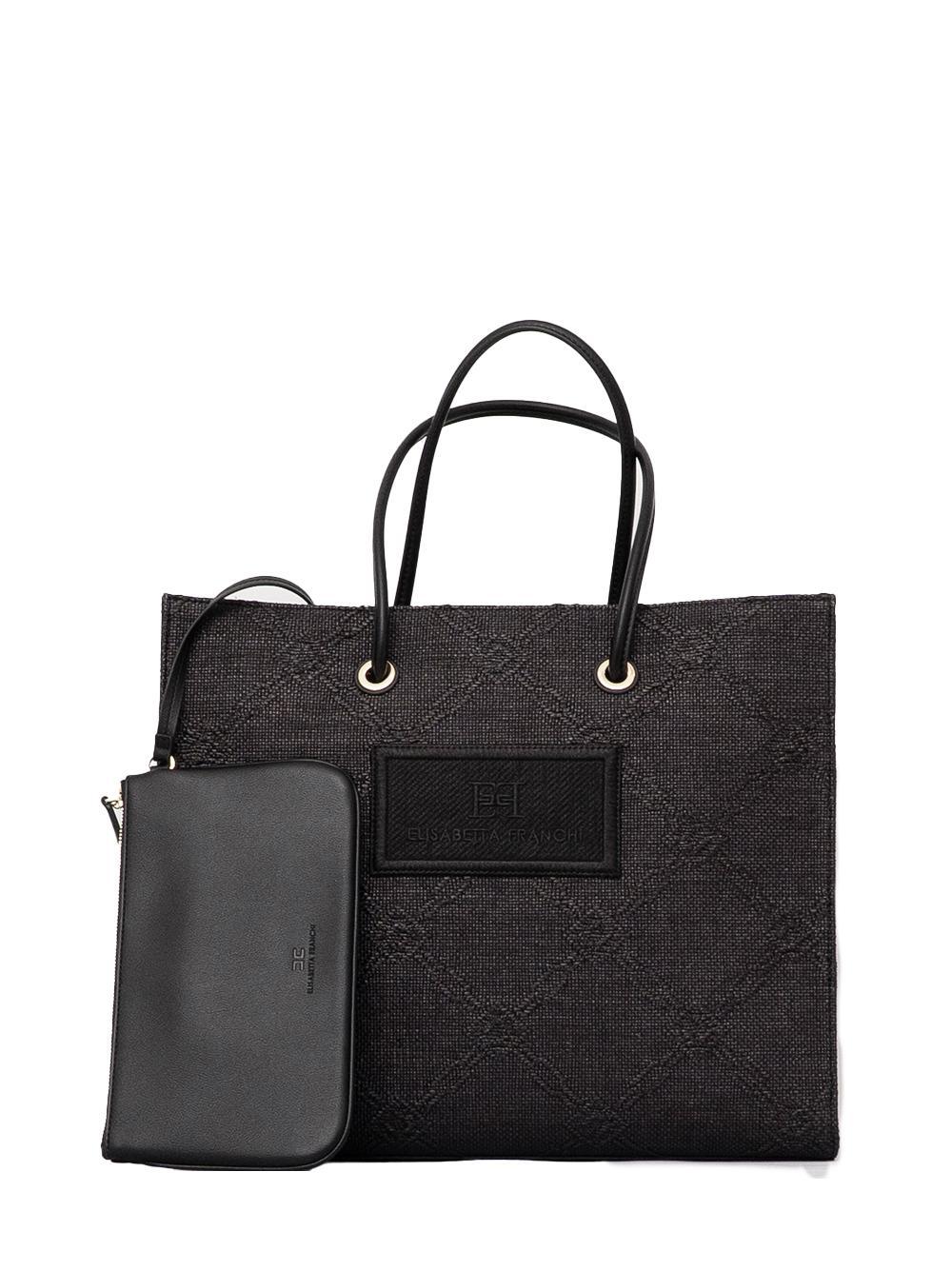 Borsa Tote grande in rafia jacquard nera - Preludio Moda