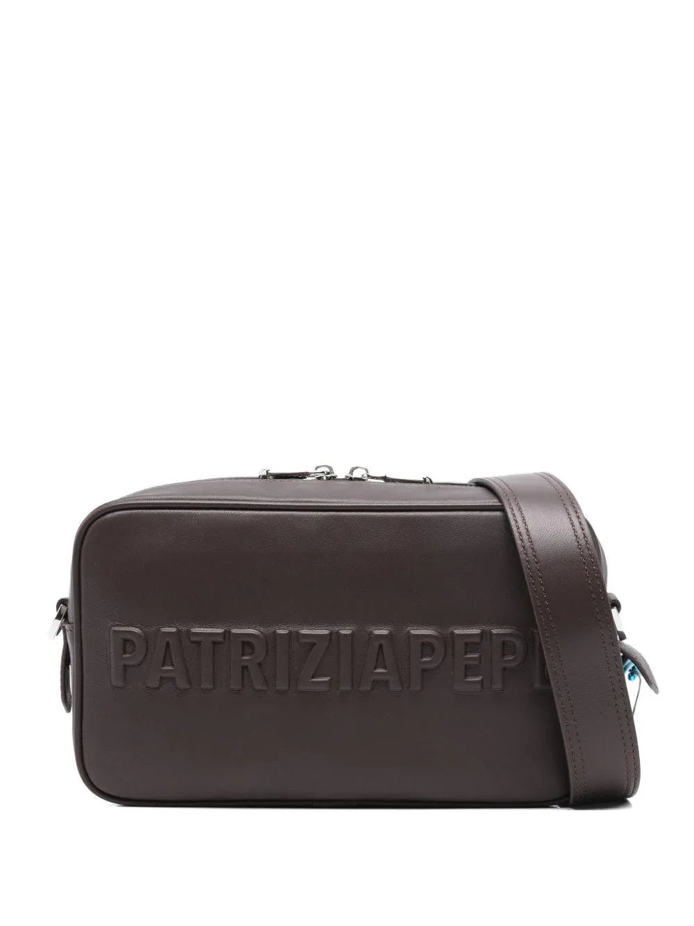 Borsa a tracolla marrone in pelle con logo goffrato - Preludio Moda