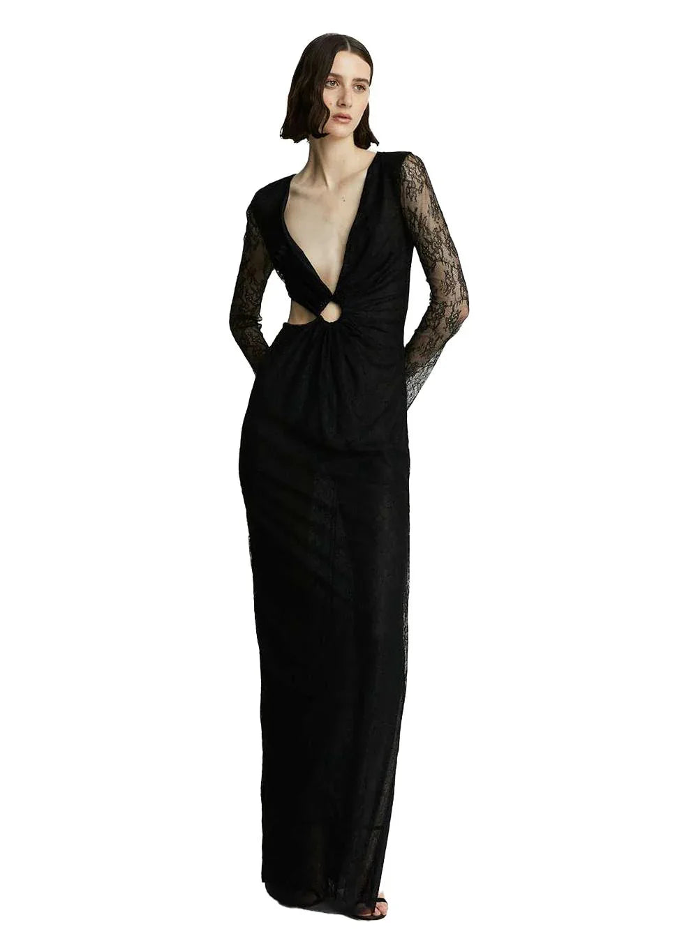 Abito nero lungo con maniche semitrasparenti ricamate - Preludio Moda
