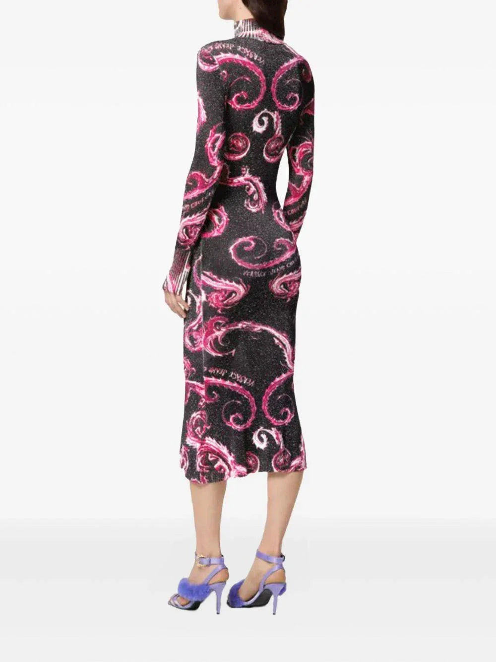 Abito midi in lurex fantasia baroque nero/fucsia - Preludio Moda