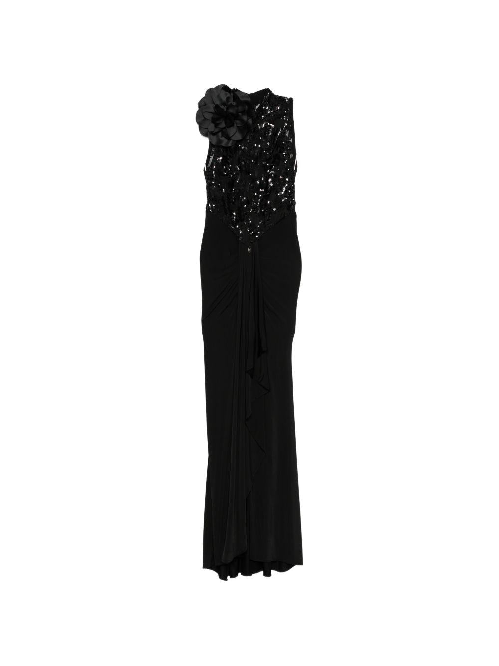 Abito lungo con paillettes e applicazione floreale WS00904 NERO BABYLON COLLECTION
