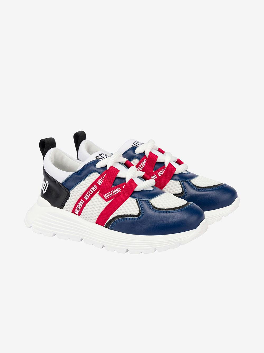 Sneakers in rete e pelle di vitello con logo 80450 01 MOSCHINO KIDS