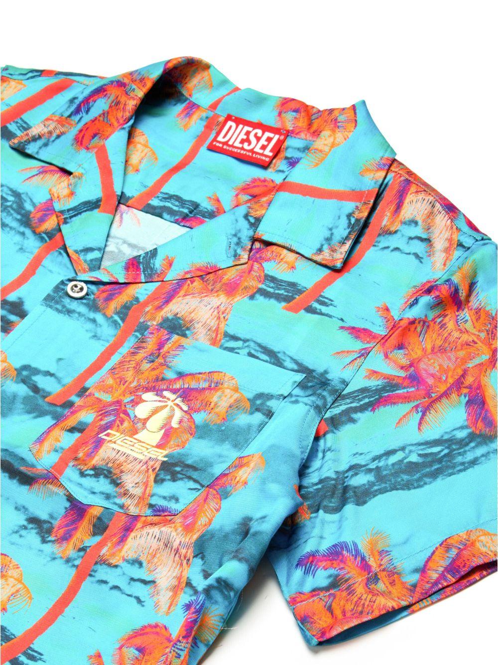 Camicia azzurra fantasia palme all-ove