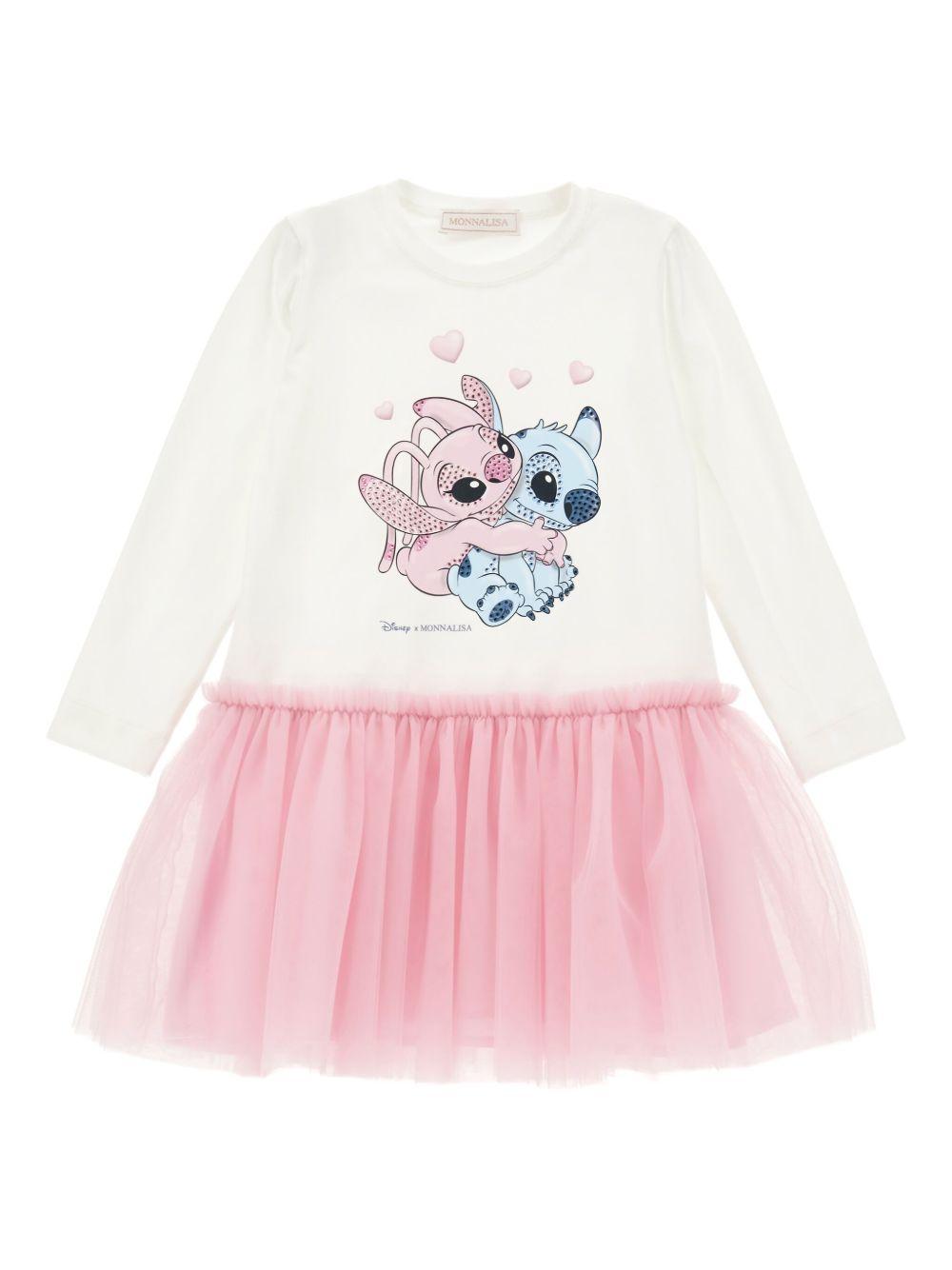 Abito Bianco con Gonna in Tulle e Stampa Cartoon 19F9036013 0190 MONNALISA KIDS