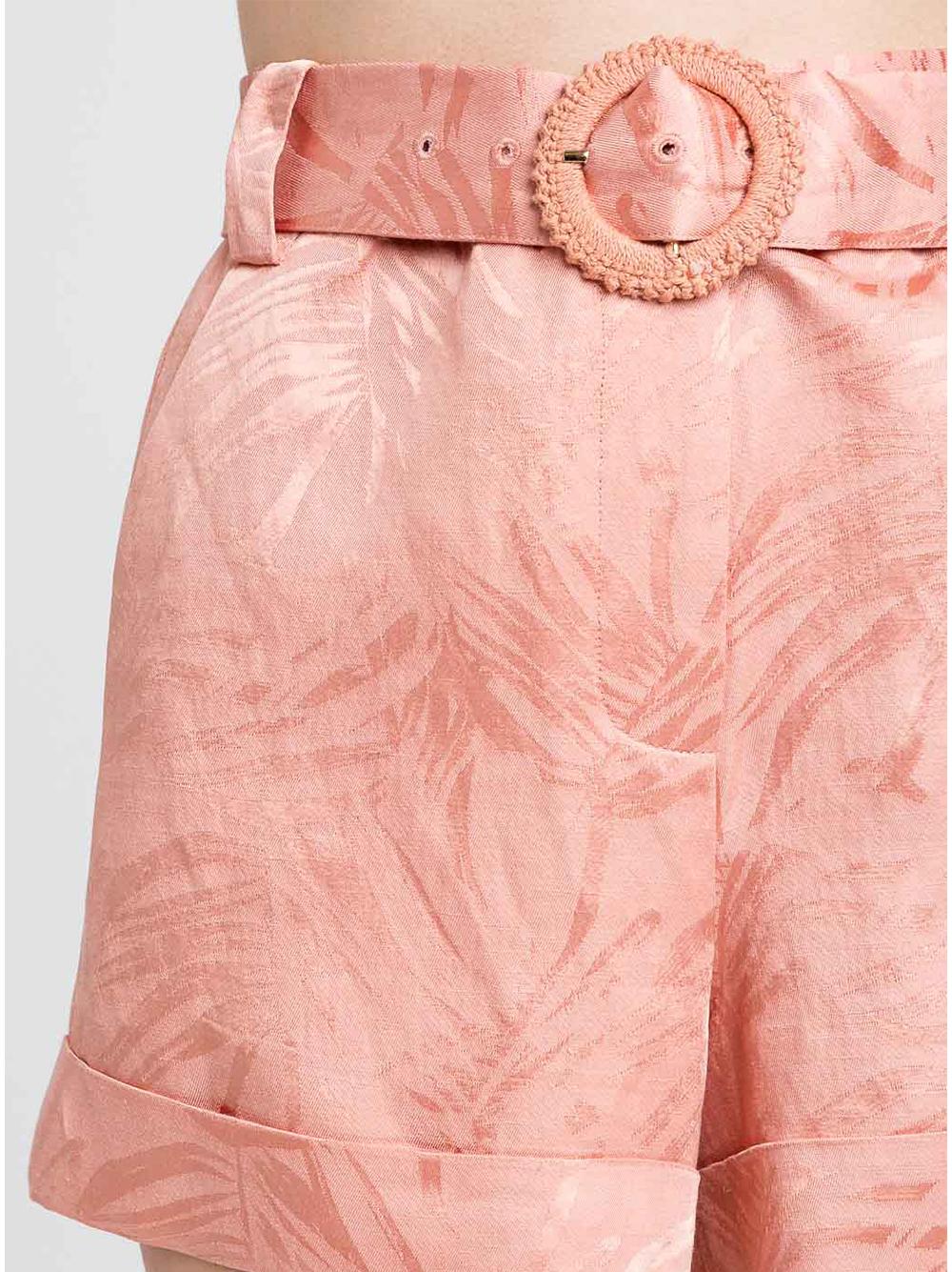 Short corallo con fantasia palme in raso