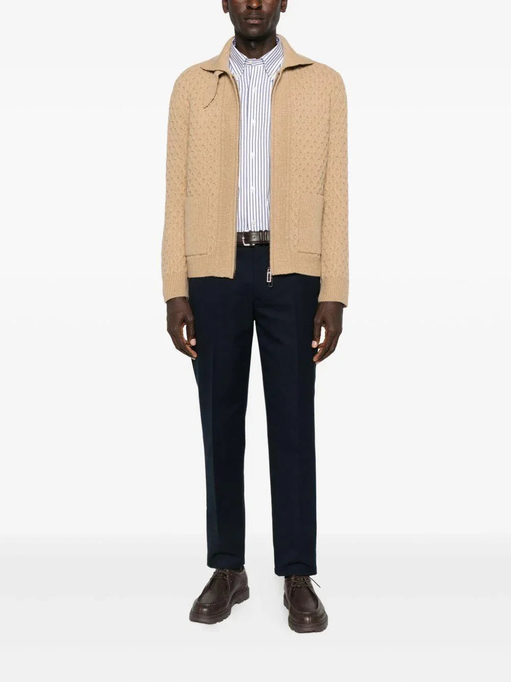 Cardigan nocciola con zip e fantasia Honeycomb - Preludio Moda