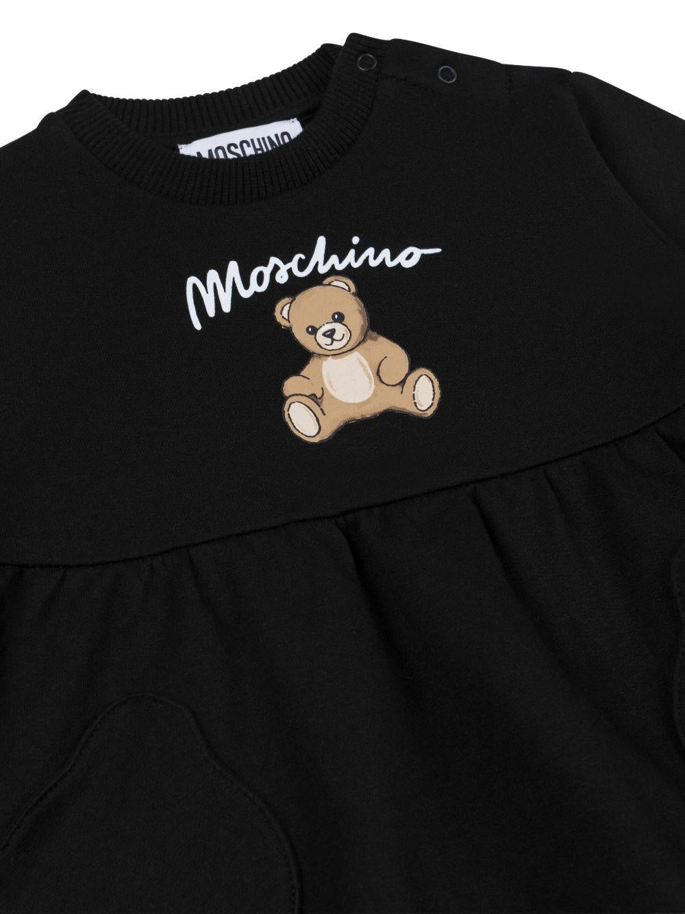 Abito nero con dettaglio orso, vita arricciata e maniche lunghe MDV0CULCA40 60100 MOSCHINO KIDS
