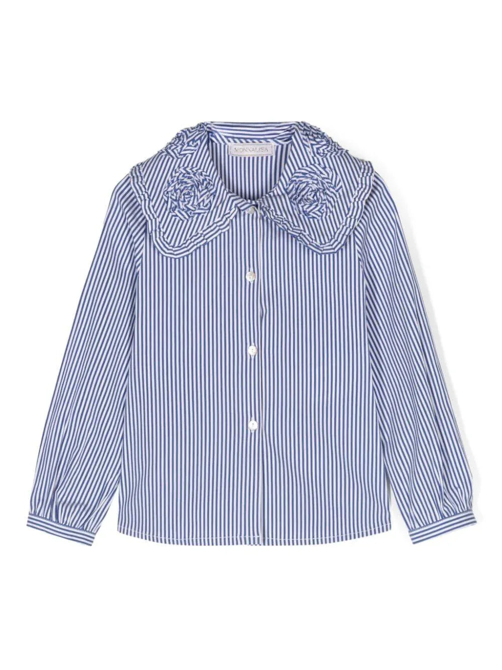 Camicia gessata blu ricami colletto - Preludio Moda