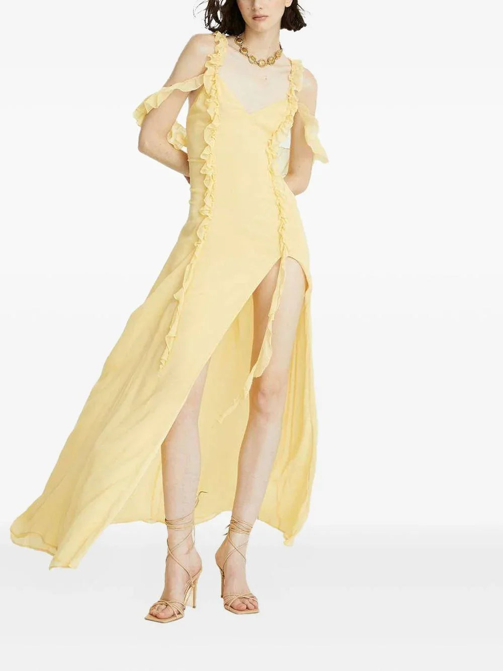 Abito giallo in crepe lungo con dettagli in rushes - Preludio Moda