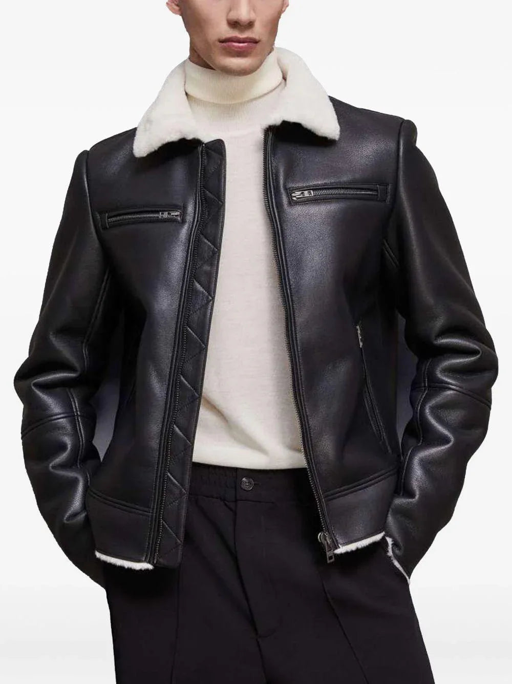 Giacca in pelle e shearling nera - Preludio Moda