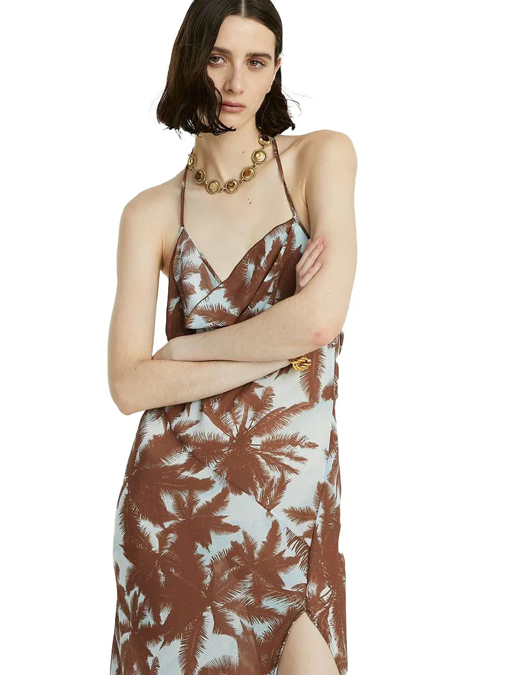 Abito con fantasia palme all-over marrone e celeste - Preludio Moda