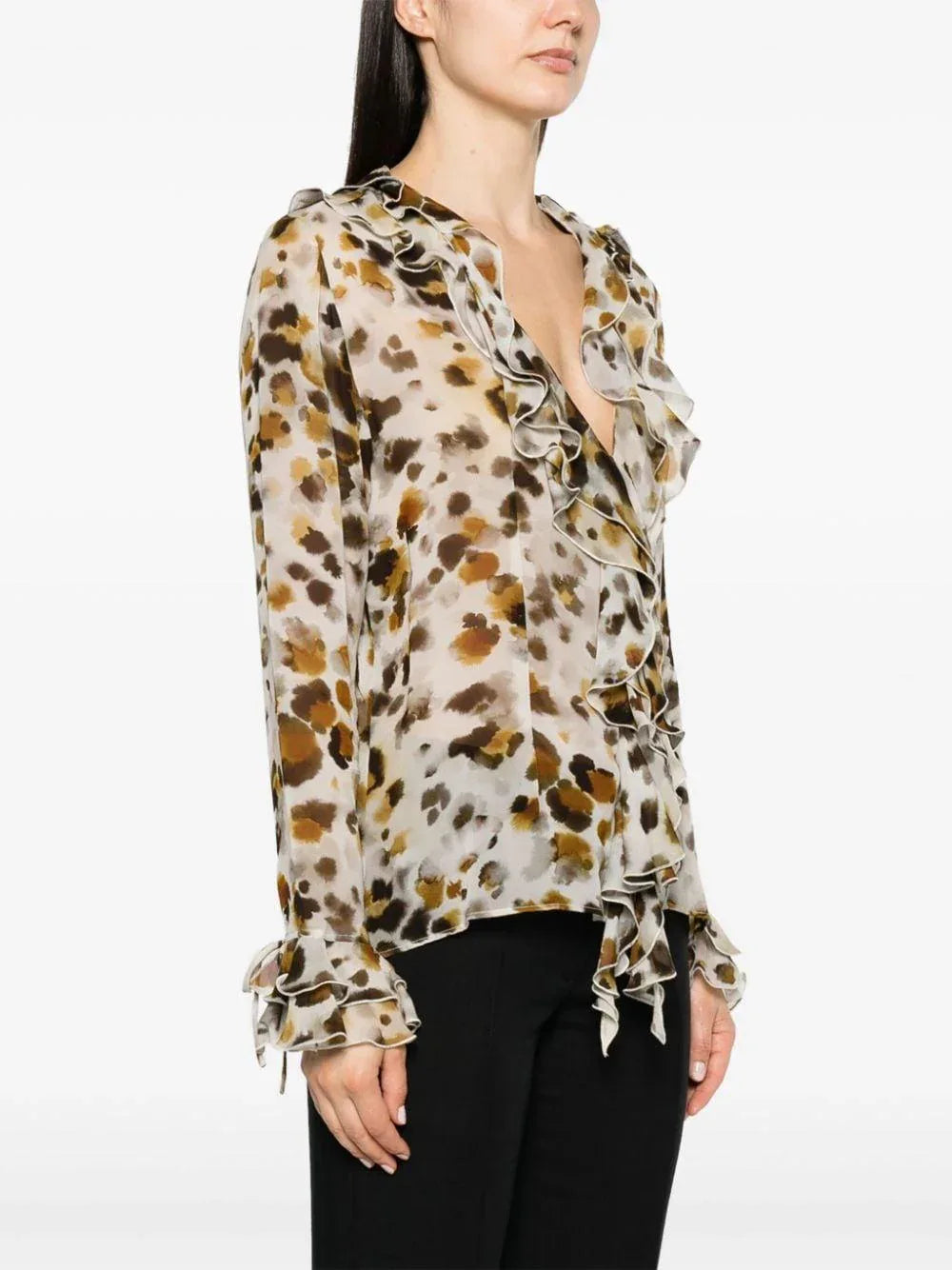Blusa con rouches in georgette stampa "watercolor leopard" - Preludio Moda