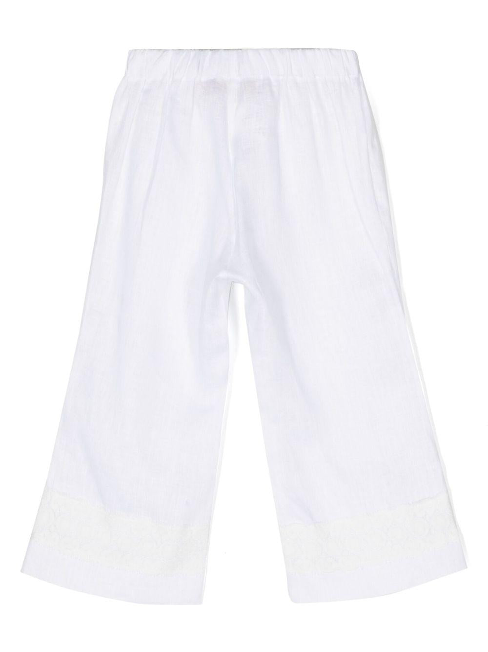 Pantalone bianco neonata orlo ricamato lino