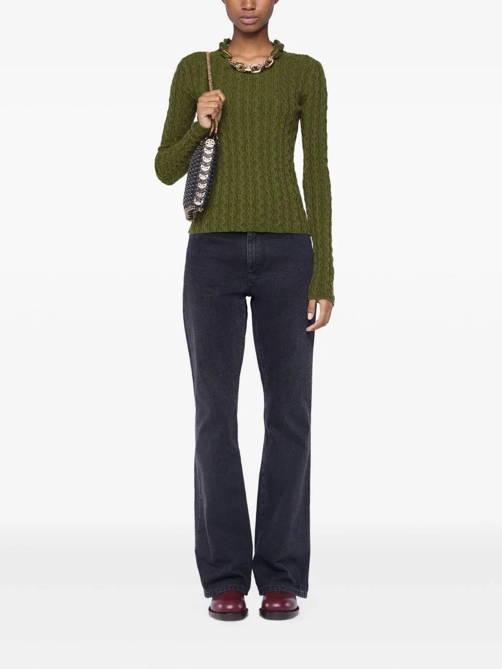 Top Kaki in maglia intrecciata con scollo a catena - Preludio Moda