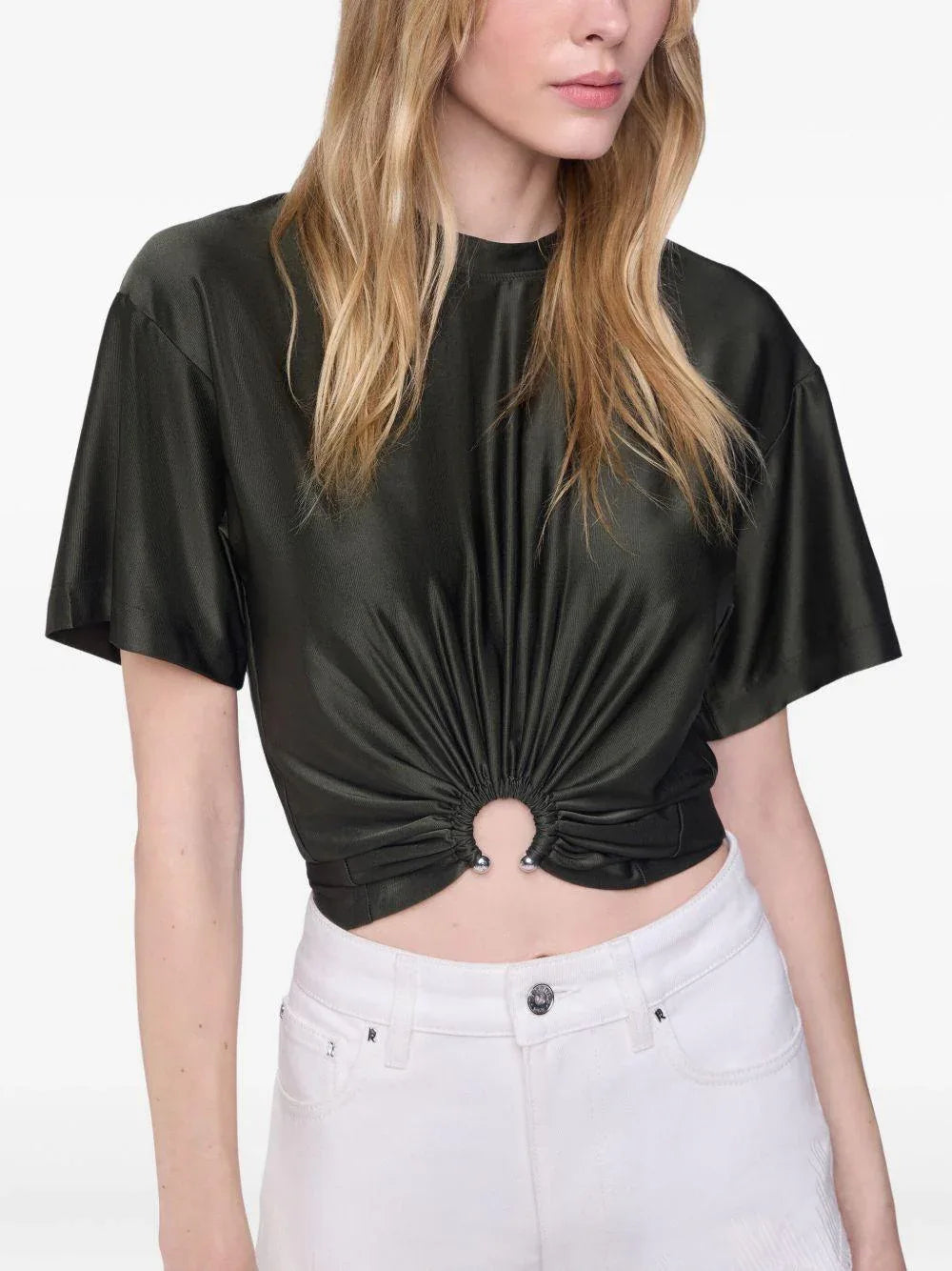 T-shirt crop kaki con dettaglio anello - Preludio Moda