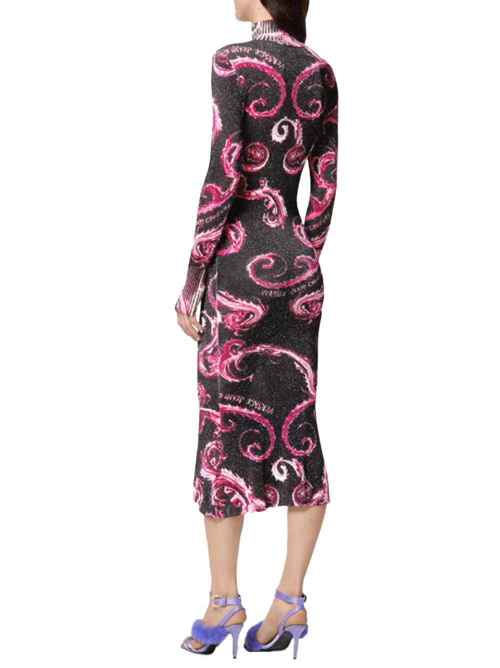 Abito midi in lurex fantasia baroque nero/fucsia 77HAOM31CMN80 QY2 VERSACE JEANS