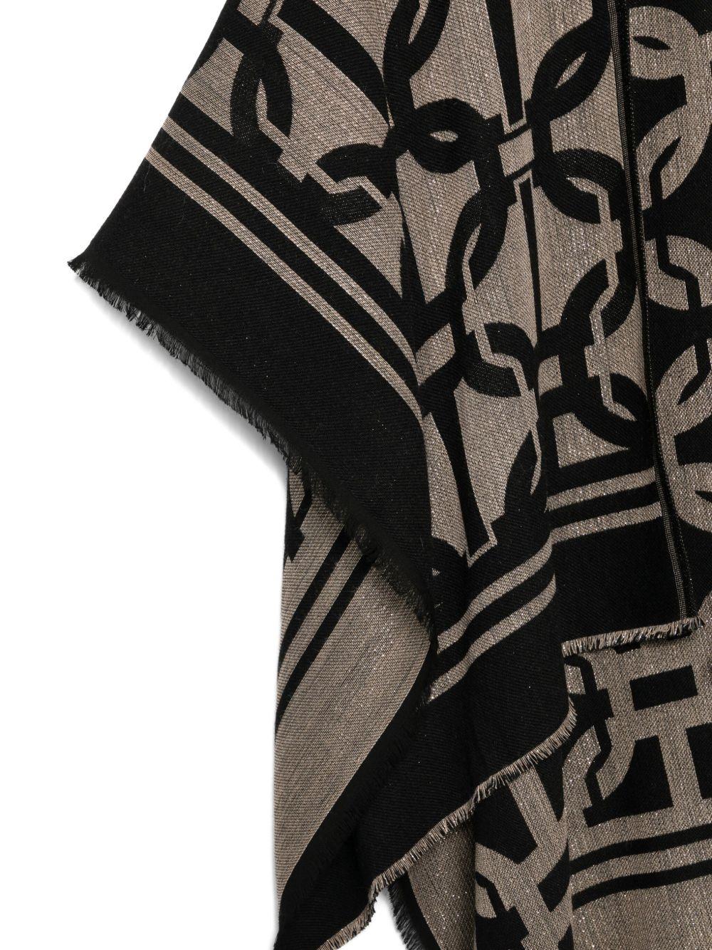 Poncho Nero e Beige con Motivo Geometrico e Frange 252TA4370 00006 TWINSET