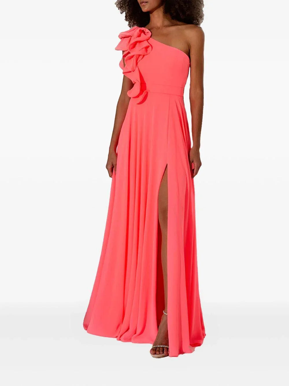 Abito rosa brillante monospalla con ruches - Preludio Moda