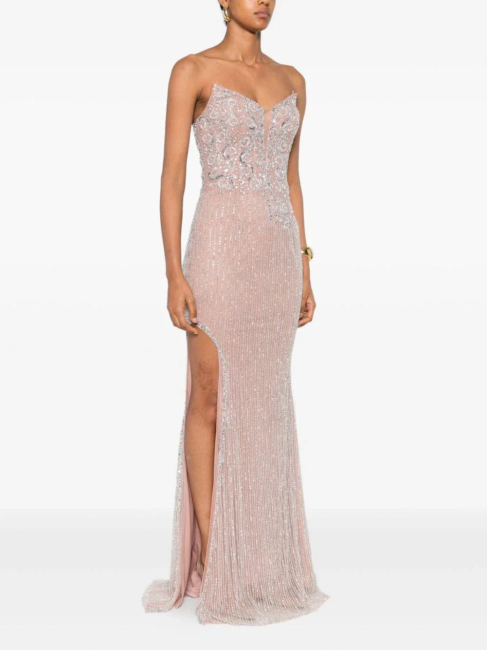 Abito Lungo Rosa Senza Spalline con Paillettes e Perline - Preludio Moda